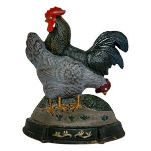 Vtg 12" Cast Iron Rooster Hen Doorstop Farmhouse Decor Primitive Country Kitchen